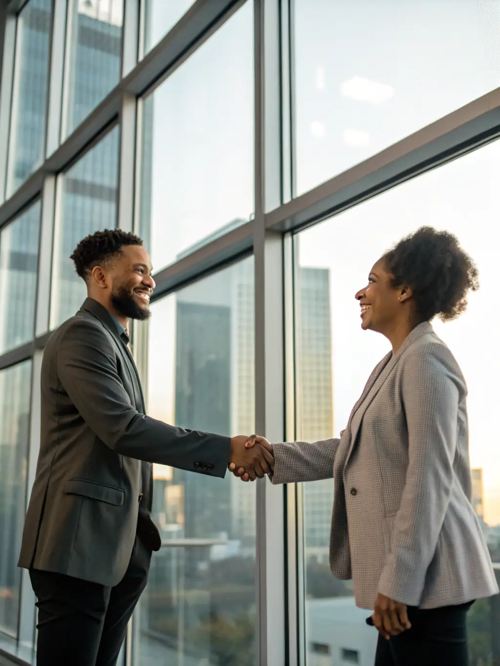 A handshake between two executives in a modern office setting, symbolizing Al Hasad Steel Works' strategic partnerships for growth and innovation.