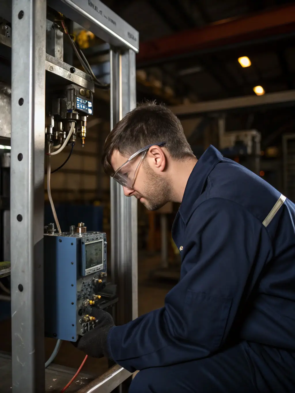 A close-up shot of a technician meticulously inspecting a freshly electroplated metal part, ensuring it meets the highest quality standards at Al Hasad Steel Works LLC.